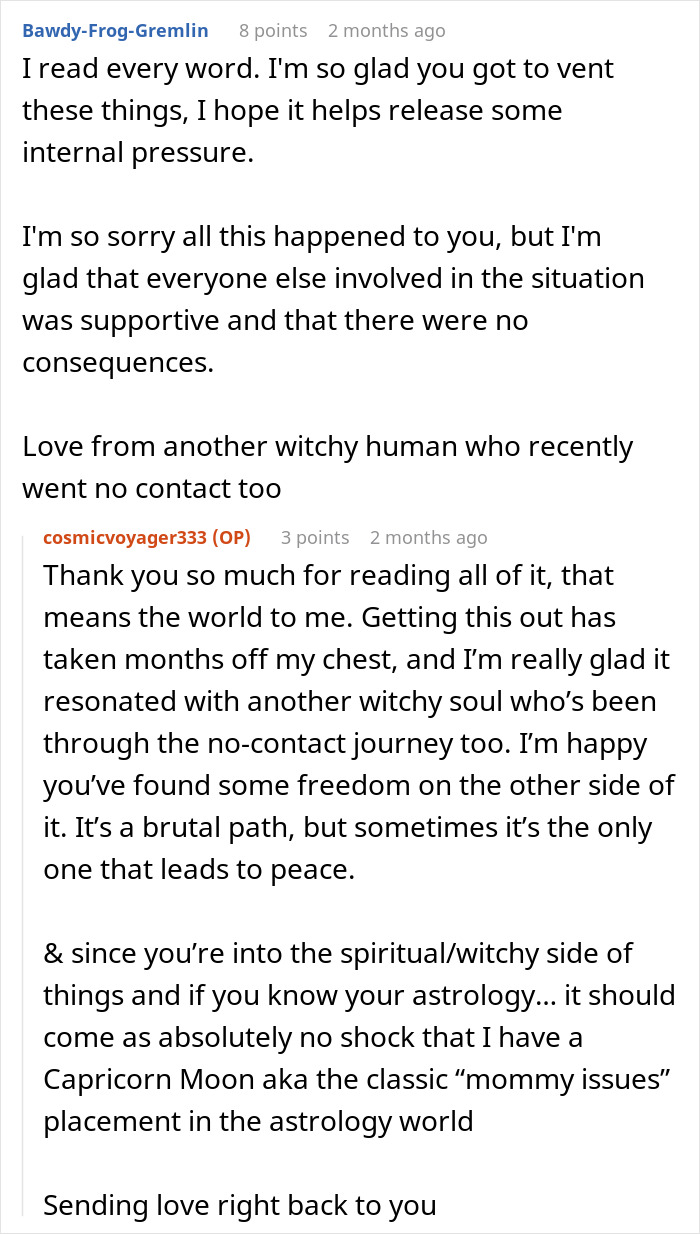 Reddit conversation discussing postpartum boundaries and the emotional impact of no-contact decisions after family conflict.