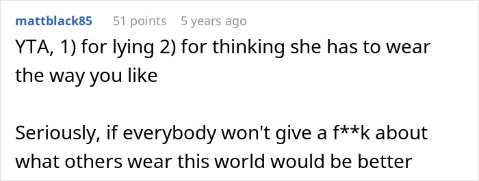 Online comment criticizing a man wanting his girlfriend to stop dressing like Ms. Frizzle, sparking a brutal reality check.