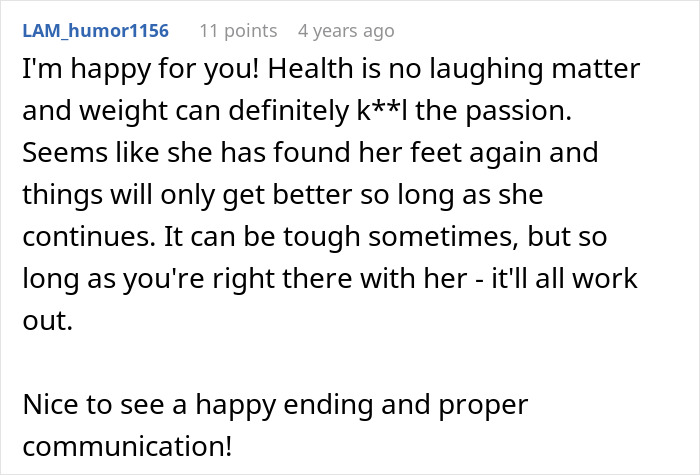 Screenshot of a Reddit comment discussing a husband struggling to accept his wife&rsquo;s weight gain and their communication.