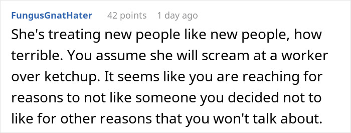 Comment discussing assumptions about a girlfriend being disrespectful to service industry workers.