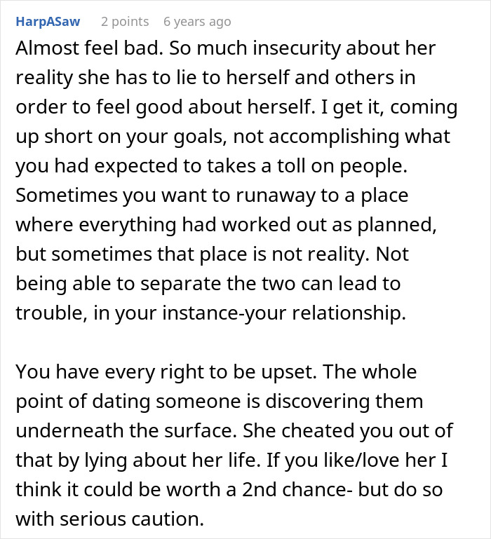 Comment text expressing empathy about a woman&rsquo;s insecurity leading to relationship troubles after her secret is revealed.