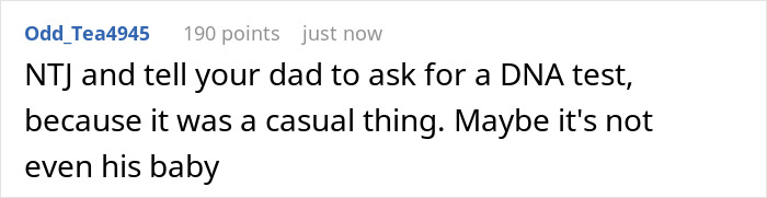 Screenshot of a Reddit comment suggesting a DNA test in response to surprise baby news from 50YO dad.
