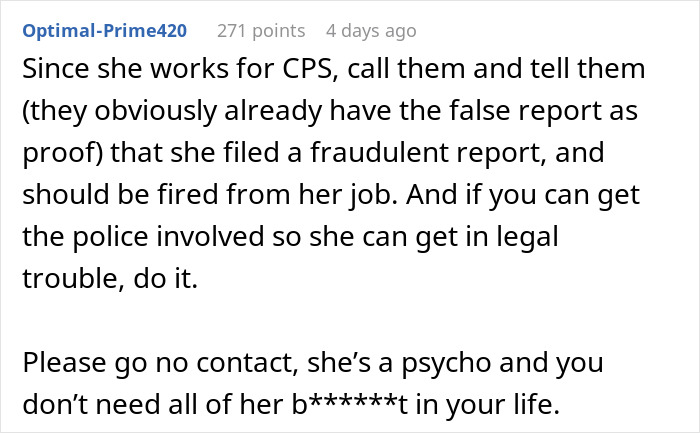 Comment advising to report fraudulent CPS claims and avoid contact, related to postpartum boundaries retaliation.