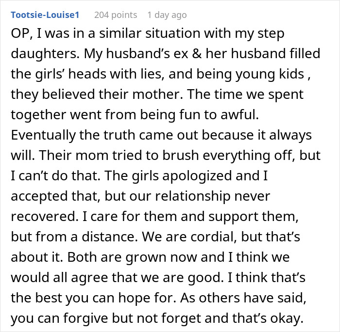 Commenter sharing experience with stepdaughters, lies, and broken relationship caused by cheating and family conflicts.