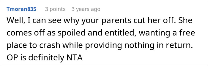 Screenshot of a Reddit comment discussing a woman refusing to house her sister due to babysitting and cleaning conflicts.