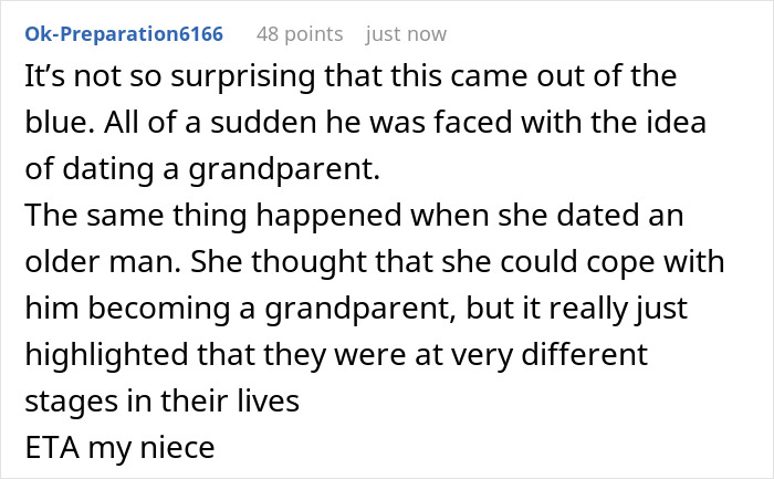 Screenshot of a forum comment discussing boyfriend breakup and new grandma drama involving dating challenges across generations.