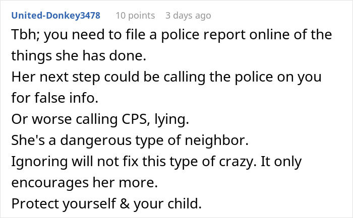 Screenshot of an online comment warning about a dangerous unhinged neighbor causing stress and paranoia.