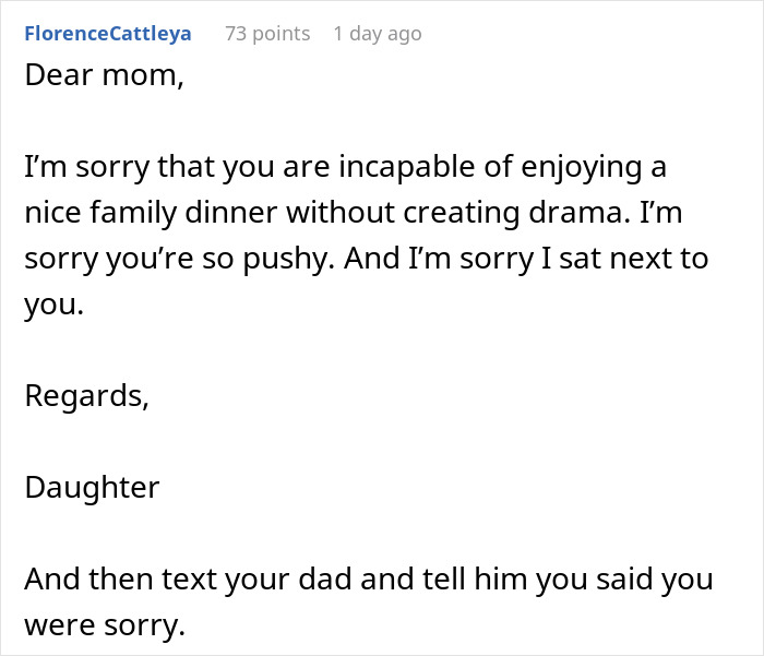 Alt text: A letter from a daughter expressing frustration with a rude mother ruining a family dinner by creating drama.