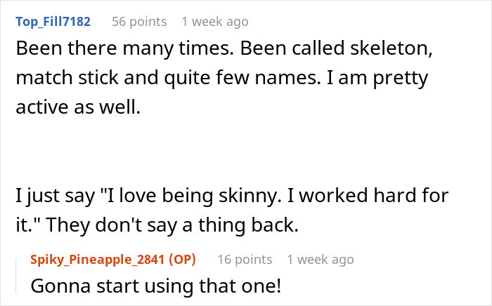 Screenshot of a discussion where a man cleverly responds to his boss's comments about his low weight.
