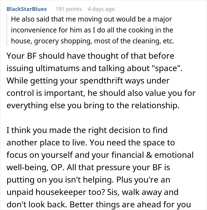 Comment discussing boyfriend giving girlfriend time to fix finances, highlighting relationship pressure and emotional well-being.