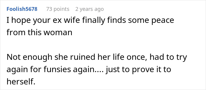 Comment expressing hope that a guy's ex-wife finds peace as mistress-turned-wife shows insecurity over rich marriage. Comment expressing hope that a guy's ex-wife finds peace as mistress-turned-wife shows insecurity over rich marriage.