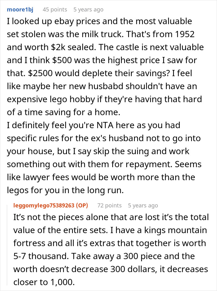 Reddit discussion about expensive Lego sets stolen by cheating ex-wife&rsquo;s boyfriend and the value of the stolen items.