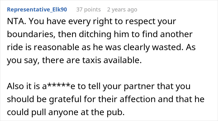 Screenshot of a Reddit comment discussing a drunk boyfriend refusing to stop acting like a jerk in a relationship conflict.