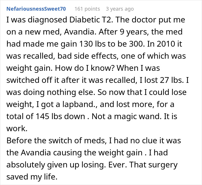 Comment discussing personal experience with weight gain from medication and overcoming it through surgery and effort.