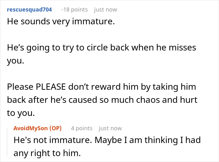 Reddit comments discussing boyfriend breakup and new grandma drama with advice on handling emotional chaos and immaturity.