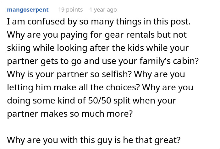 ALT text: Woman panics after partner who makes five times her salary leaves her son without a ski pass in family conflict discussion.