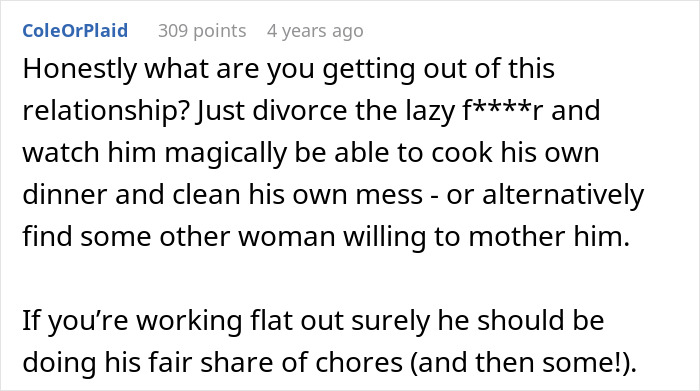 Alt text: Man complains about paying the price and eating fast food while wife works longer shifts in online discussion.