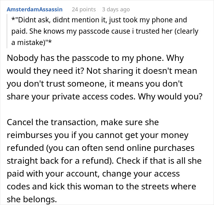 Comment discussing trust issues in a relationship about girlfriend taking phone and using passcode without permission.