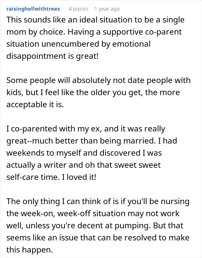 Text comment discussing the pros and cons of platonic co-parenting and supportive co-parent relationships after separation.