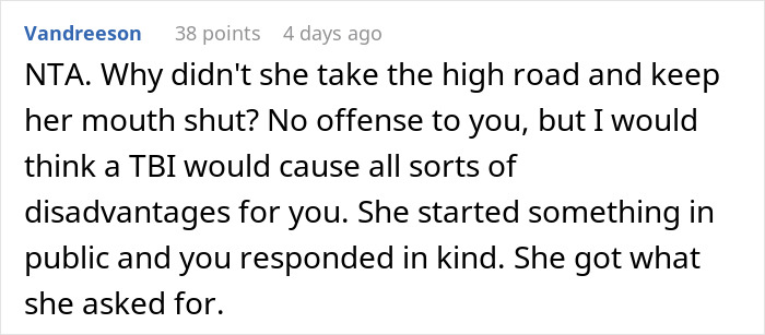 Comment discussing a woman firing back after sister insults her, causing husband embarrassment and kids confusion.