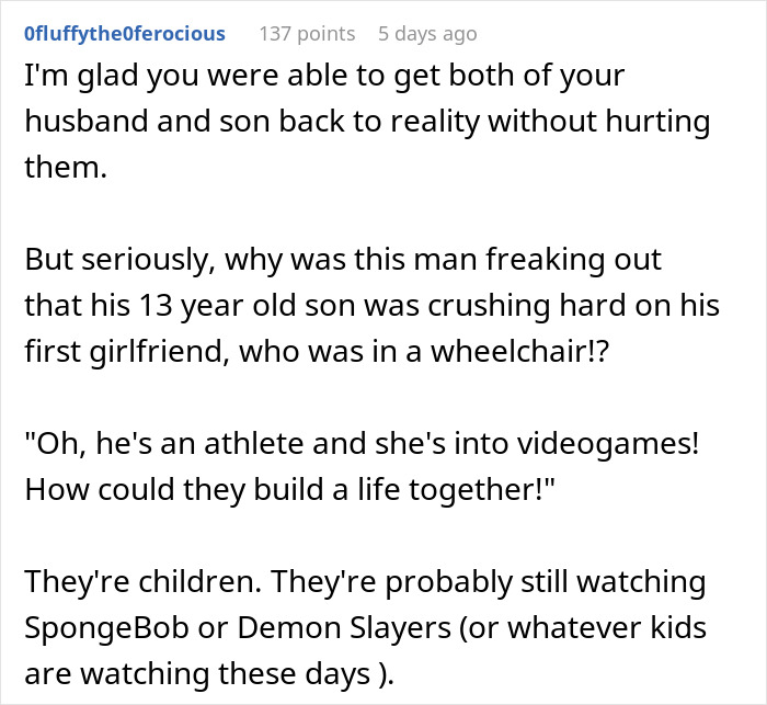 Comment discussing an ableist dad worried about his 13-year-old son's love for a wheelchair user.
