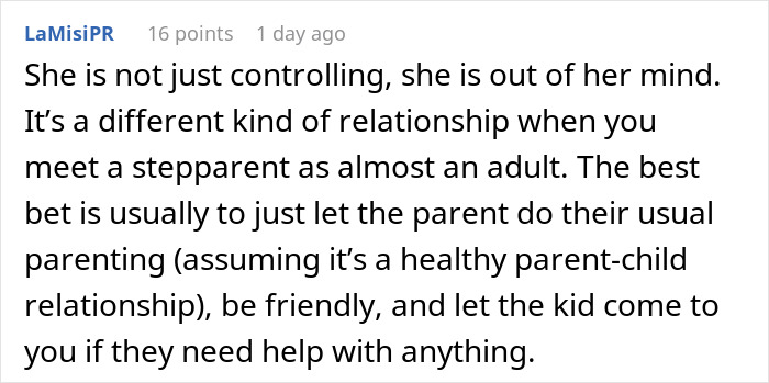 Comment discussing a woman trying to enforce family rules on her boyfriend&rsquo;s son who does not live with them.