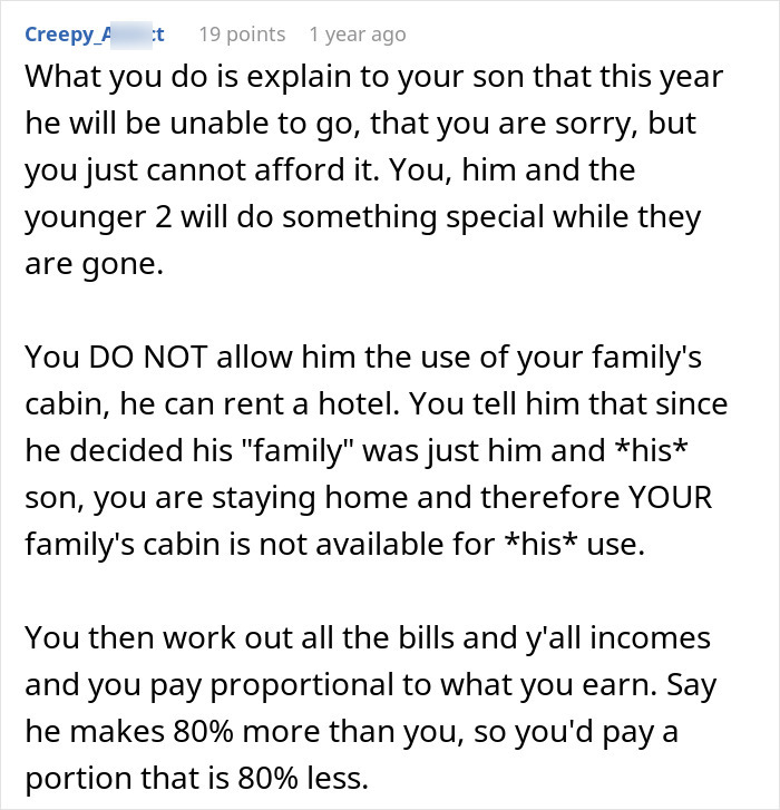 Comment explaining how a woman copes with partner leaving son without a ski pass, highlighting income disparity.
