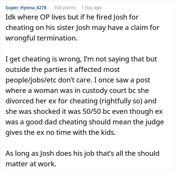 Comment discussing sister relationship and cheater issues impacting work and personal drama in a text post.