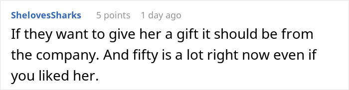Comment discussing refusal to contribute $50 to a coworker's retirement gift due to difficult work relationship.