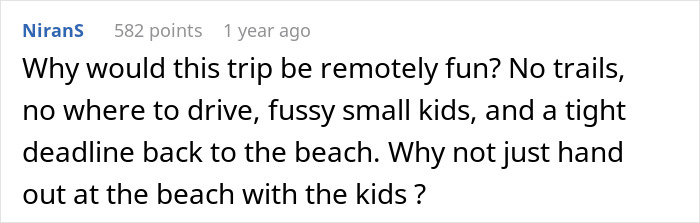 Comment discussing a trip with toddlers, tight schedules, and challenges instead of a quiet birthday with a tiny cabin and a 5K run.