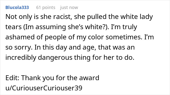 Screenshot of a comment discussing a racist lady ending up in tears after reporting a dog owner to animal control.
