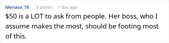 Screenshot of a forum comment discussing refusal to contribute $50 to a coworker's retirement gift.