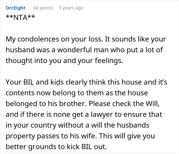 Screenshot of a forum comment discussing woman kicking late husband's brother and his kids out over belongings dispute.