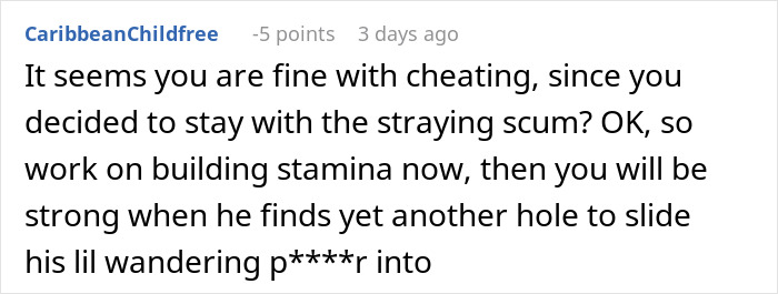 Comment from internet user giving a reality check to woman about her cheating husband and fair therapist situation.