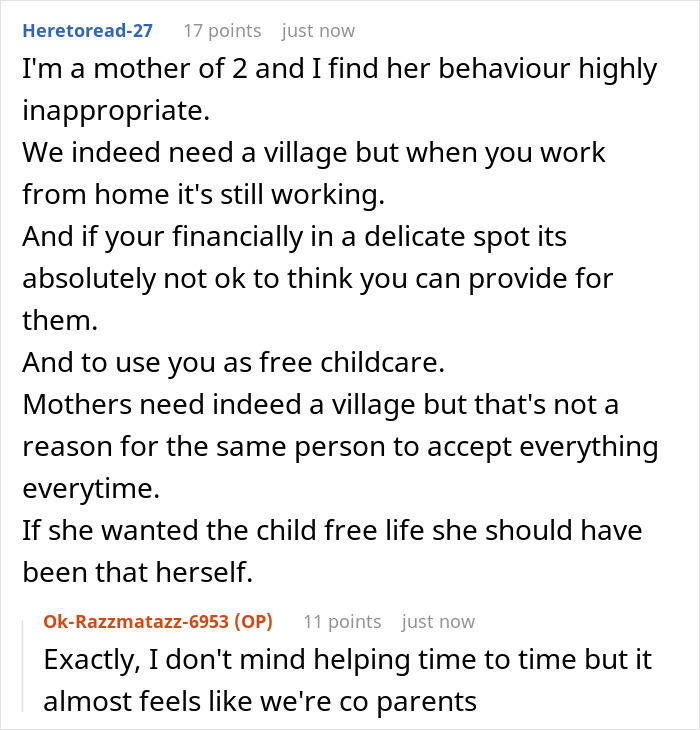 Comment discussion about entitled mom asking childfree bestie for free babysitting and meals, bestie firmly refusing.