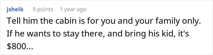 Comment discussing the cost of a cabin stay, mentioning a family and an $800 fee for a partner's kid.
