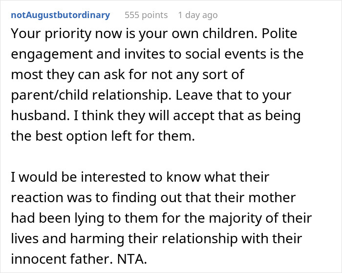 Comment discussing broken relationship and lies involving stepdaughters and cheating within a family context.