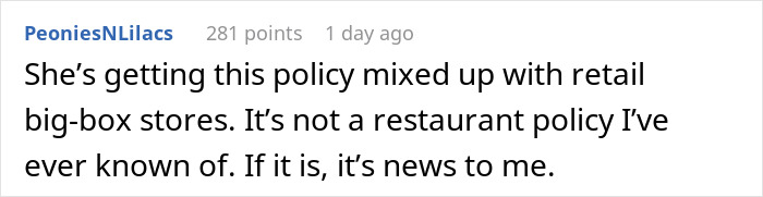 Comment about girlfriend disrespect service industry, questioning the policy and confusion with retail big-box stores.