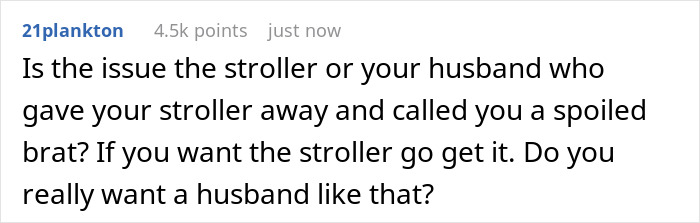 Screenshot of a Reddit comment discussing a husband gifting a stroller to his sister without telling his pregnant wife.