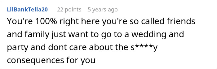 Comment discussing how friends and family only focus on attending a wedding without caring about consequences after fianc&eacute; keeps secrets.