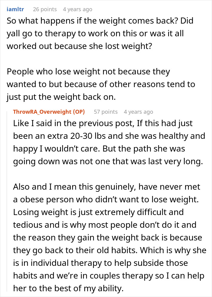 Comments discussing struggles with weight gain, therapy, and challenges in accepting a spouse's weight changes.