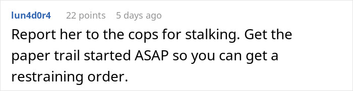 Comment text on a white background discussing reporting stalking to police and getting a restraining order.