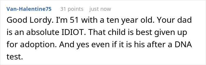 Screenshot of an online comment reacting to a 50-year-old dad&rsquo;s surprise baby news and his kids refusing to help raise the child.