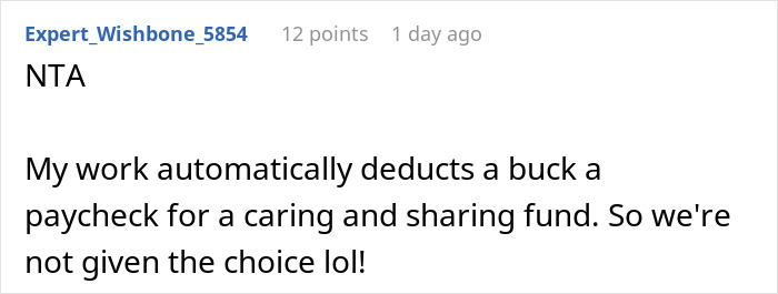 Comment on workplace fund deductions, highlighting a woman refusing to contribute to a coworker's retirement gift.