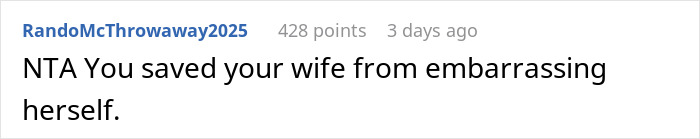 Comment saying a husband leaves wife behind after she reveals outfit plans for brother's wedding, sparking debate online.