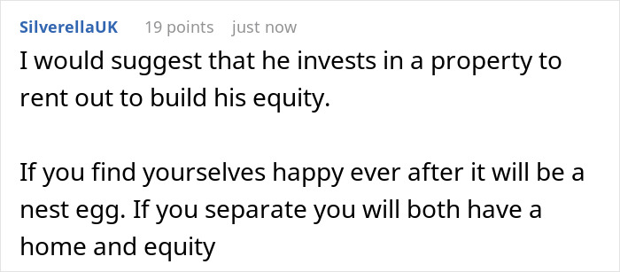 Comment suggesting investing in property to build equity and create a nest egg for couples facing separation.