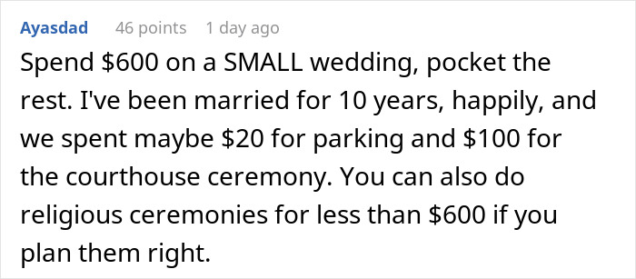 Comment about spending $600 on a small wedding and affordable courthouse ceremony options to avoid insurance-related stress.