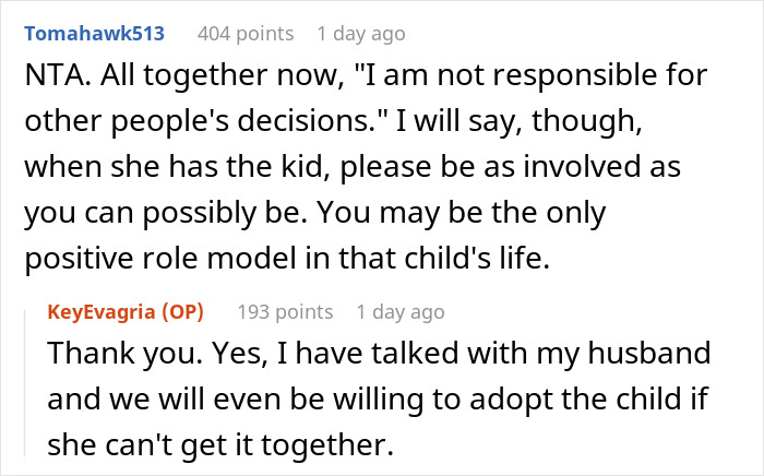 Conversation screenshot showing advice about being involved in a pregnant sister\'s life at a homeless shelter.