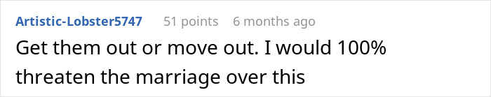 Comment reading a man kicking his family out after wife discovers real reason family needed to move in with them, expressing marital threat.