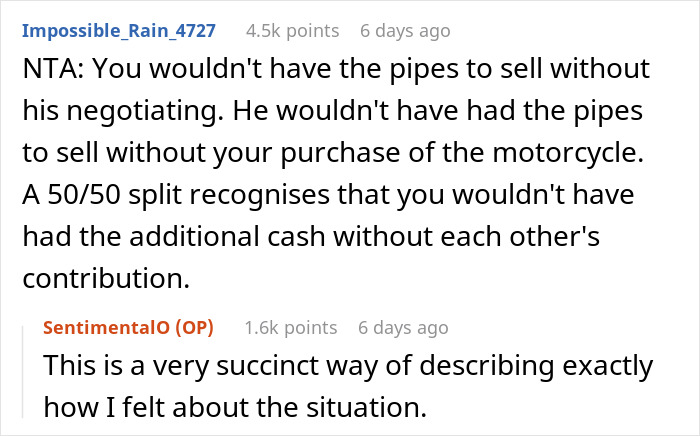 Reddit discussion about guy turning girlfriend’s bike spare parts purchase into payday, refusing to share profit from selling.